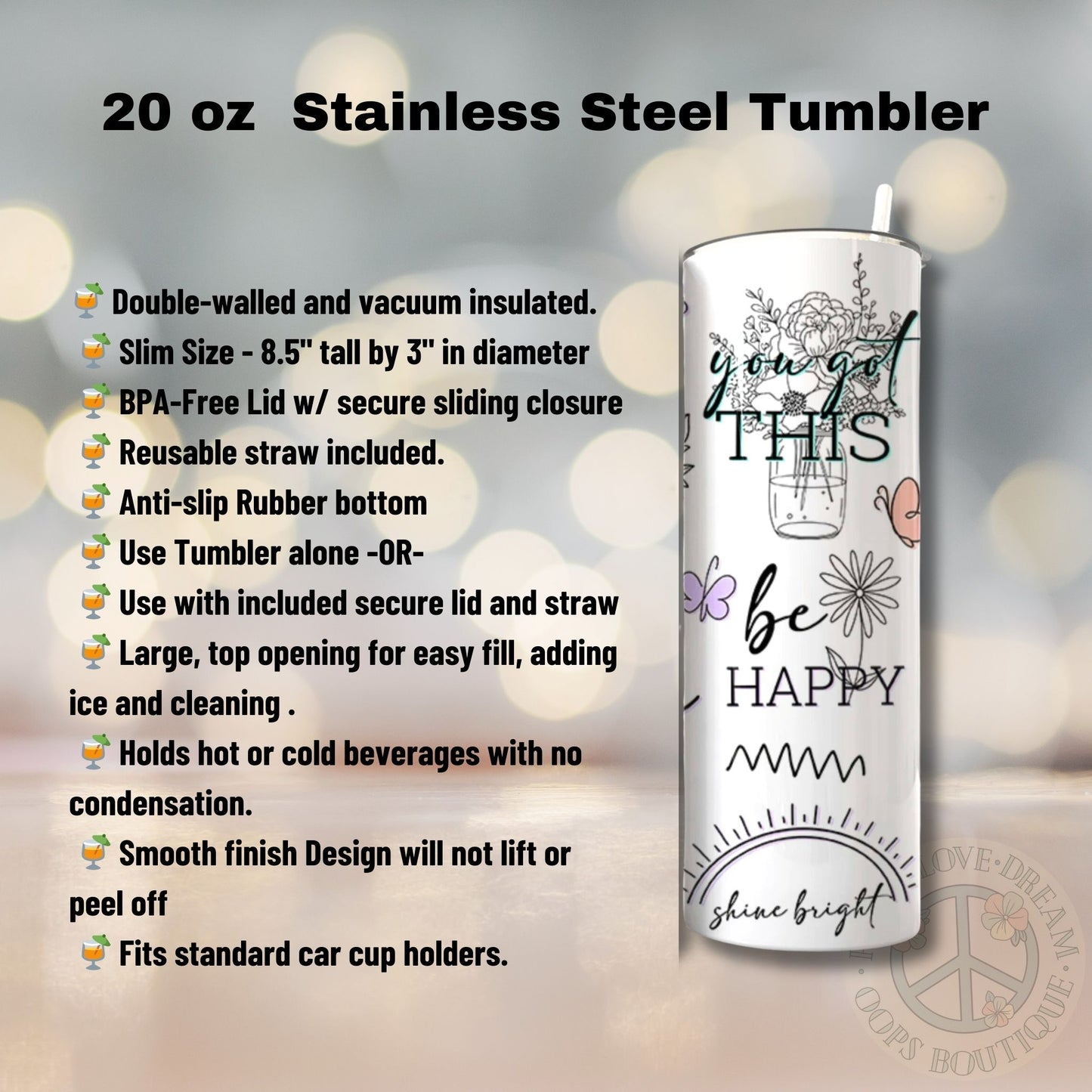 "BE UNSTOPPABLE" Inspirational 20 oz, stainless Steel Insulated Coffee Tumbler for daily use or Gift.