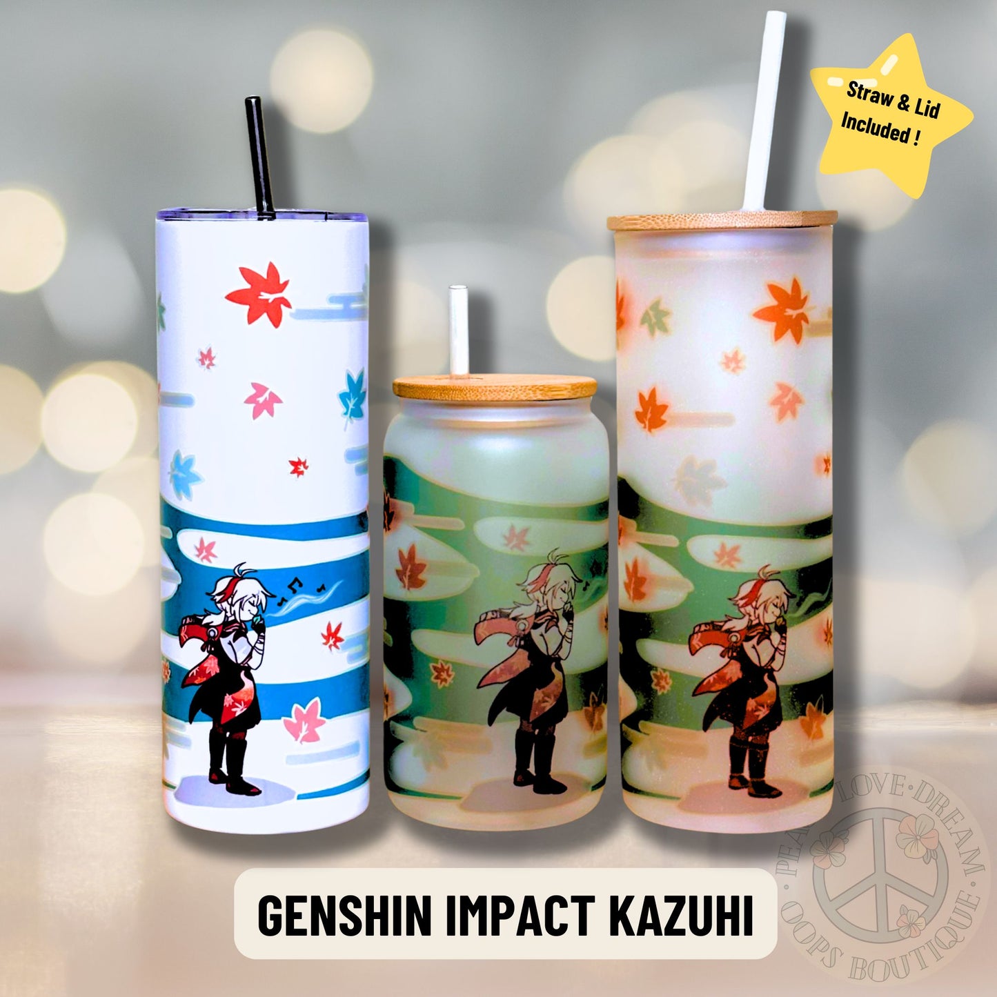 “Kazuha” Genshin Impact Video Game Custom Tumbler. 20 oz, 16 oz Frosted glass or stainless Steel Insulated Coffee Tumbler for daily use or Gift.