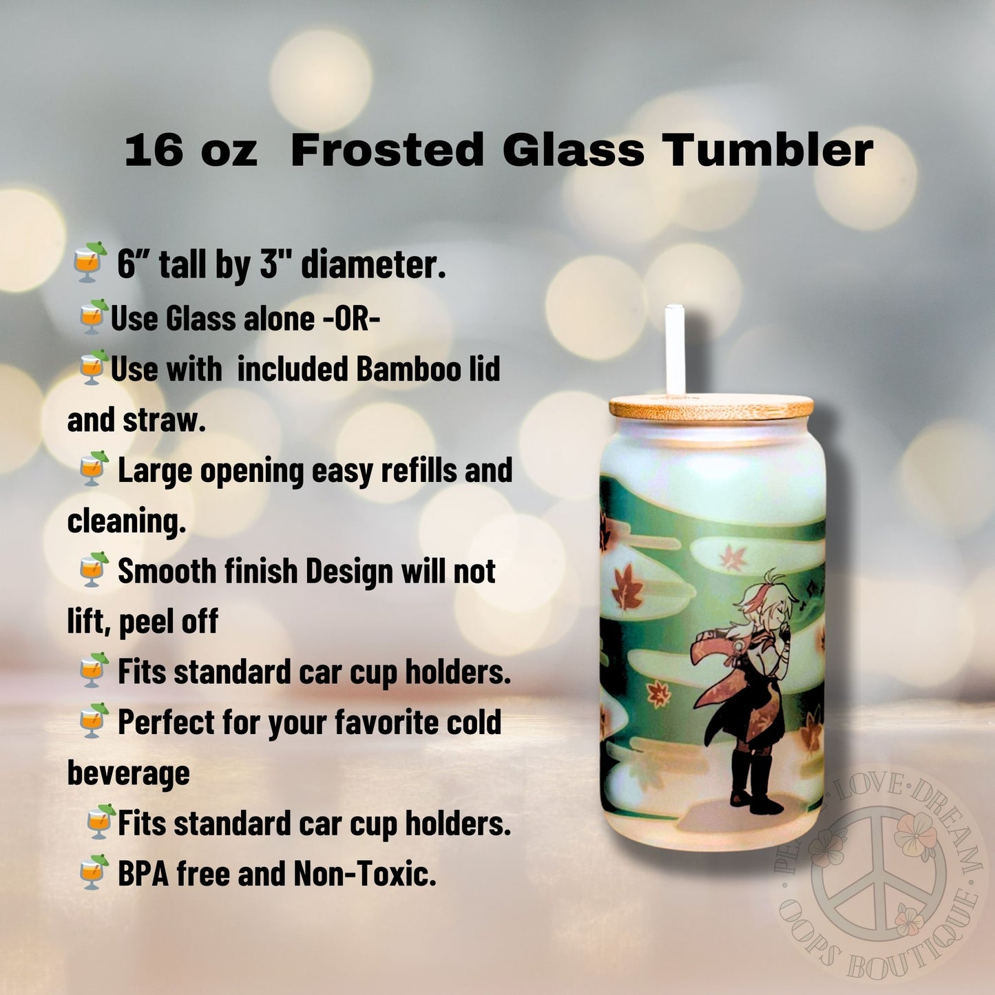 “Kazuha” Genshin Impact Video Game Custom Tumbler. 20 oz, 16 oz Frosted glass or stainless Steel Insulated Coffee Tumbler for daily use or Gift.
