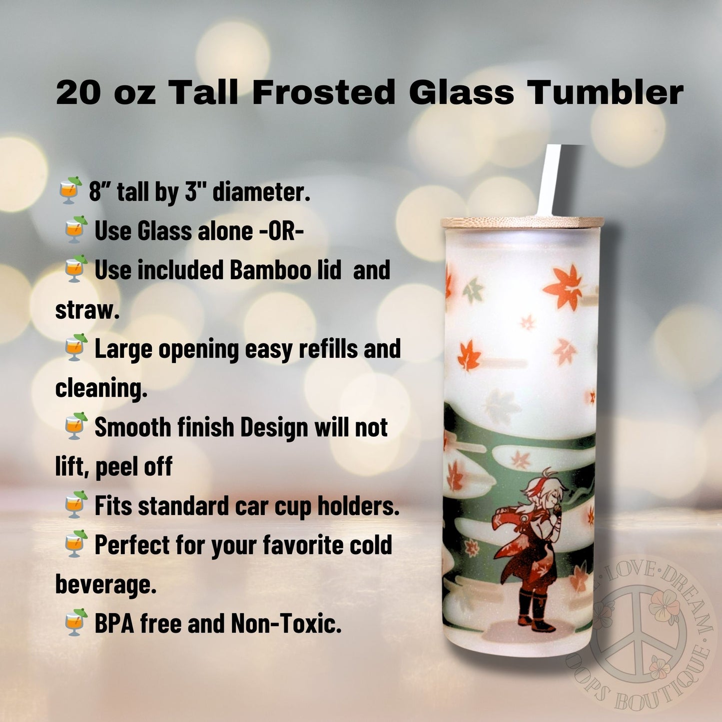 “Kazuha” Genshin Impact Video Game Custom Tumbler. 20 oz, 16 oz Frosted glass or stainless Steel Insulated Coffee Tumbler for daily use or Gift.