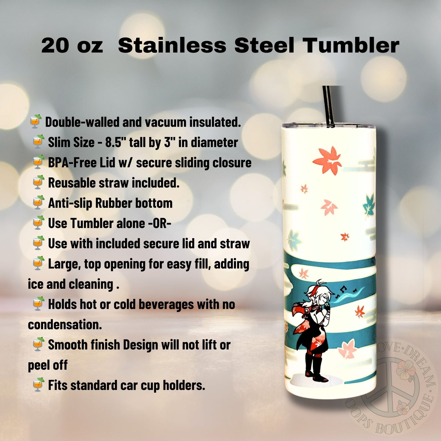 “Kazuha” Genshin Impact Video Game Custom Tumbler. 20 oz, 16 oz Frosted glass or stainless Steel Insulated Coffee Tumbler for daily use or Gift.