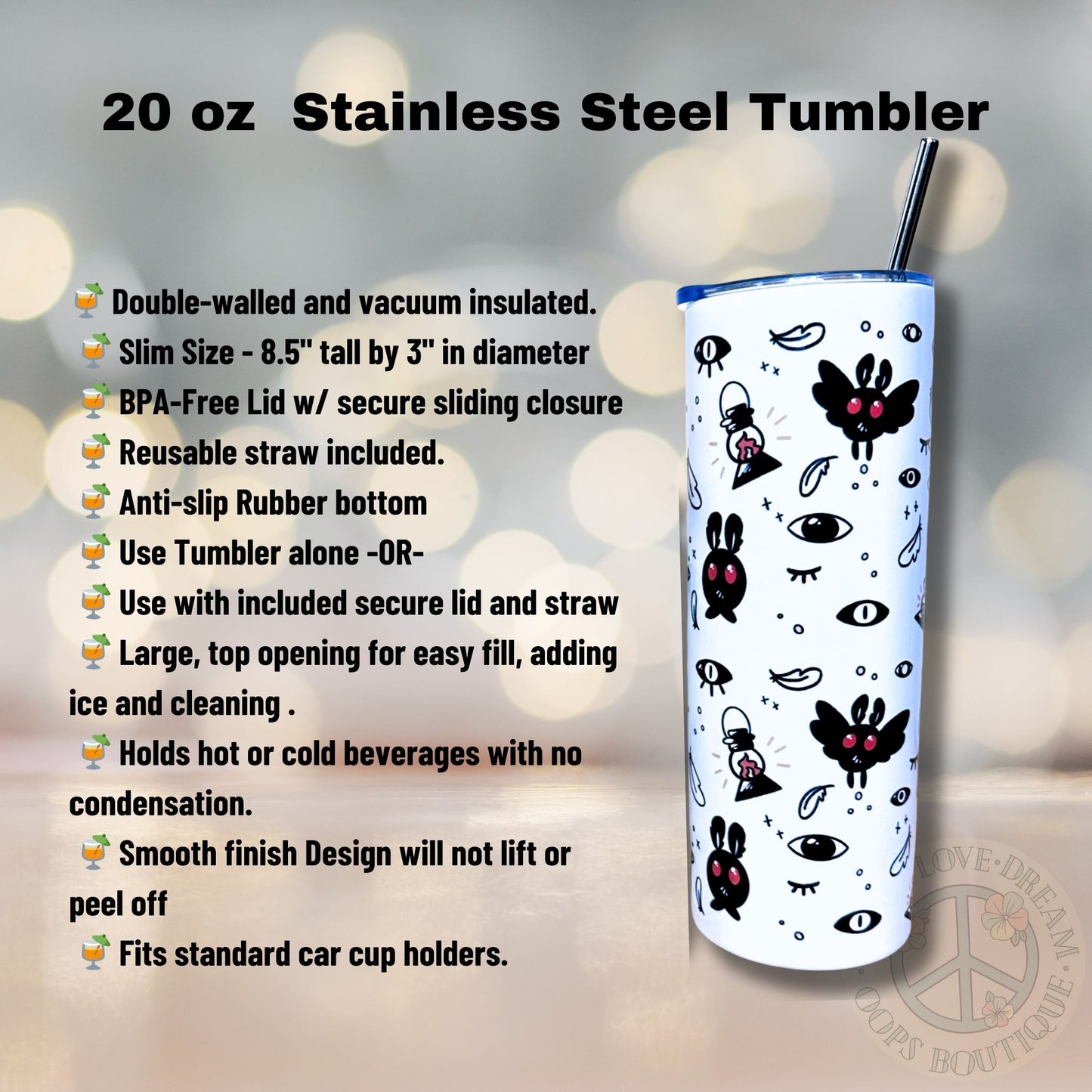 Mothman Custom Tumbler. 20 oz, 16 oz Frosted glass or stainless Steel Insulated Coffee Tumbler for daily use or Gift