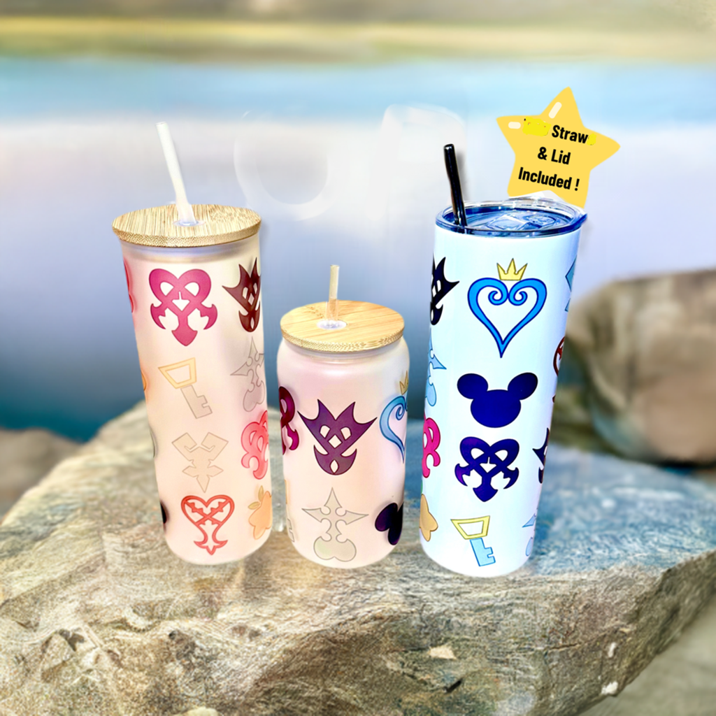KINGDOM HEARTS Video Game inspired Custom Tumbler. 20 oz, 16 oz Frosted glass or stainless Steel Insulated Coffee Tumbler for daily use or Gift. Order yours today at https://oopsbykellynicole.com